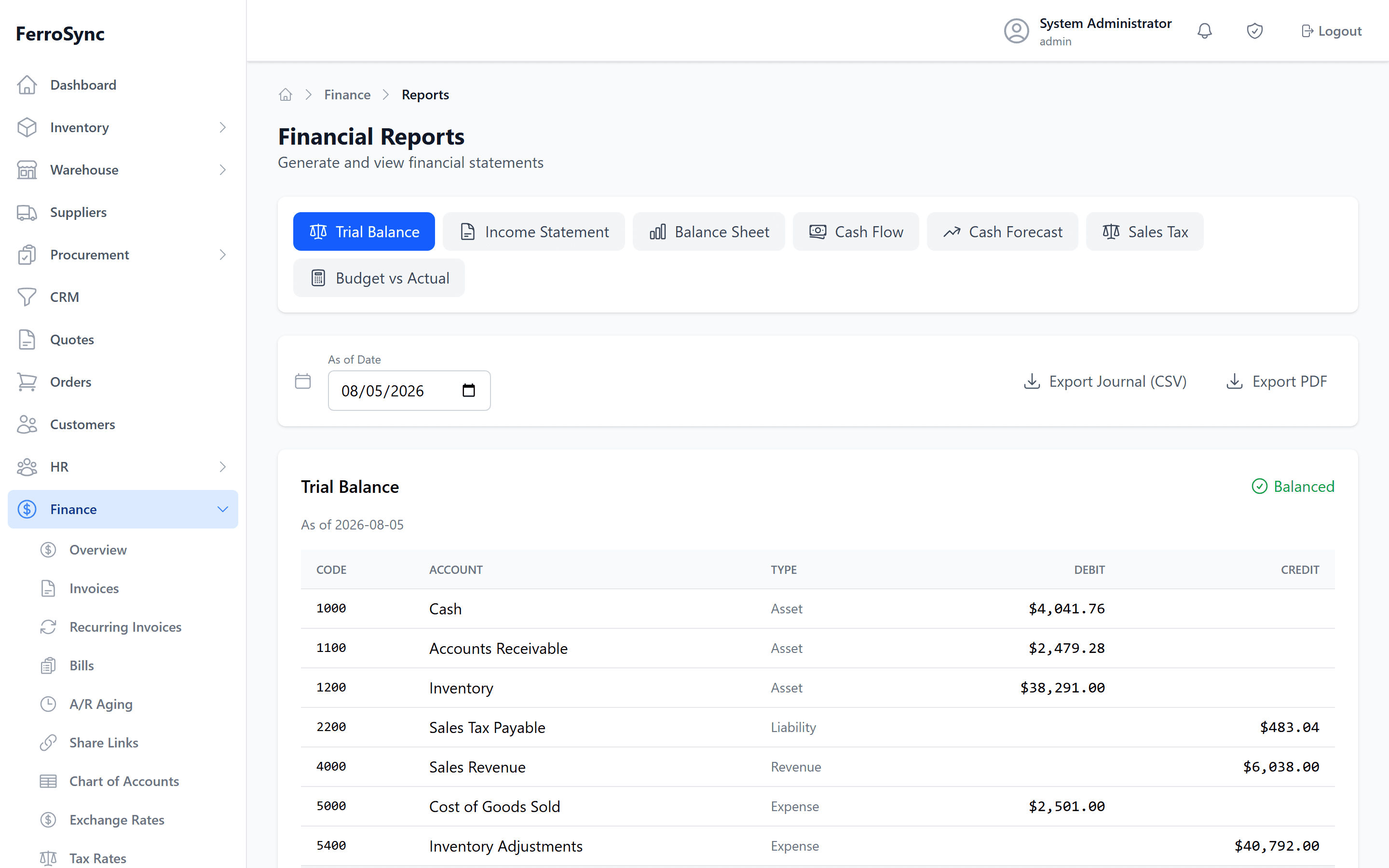FerroSync financial reports: statements generated from the built-in general ledger