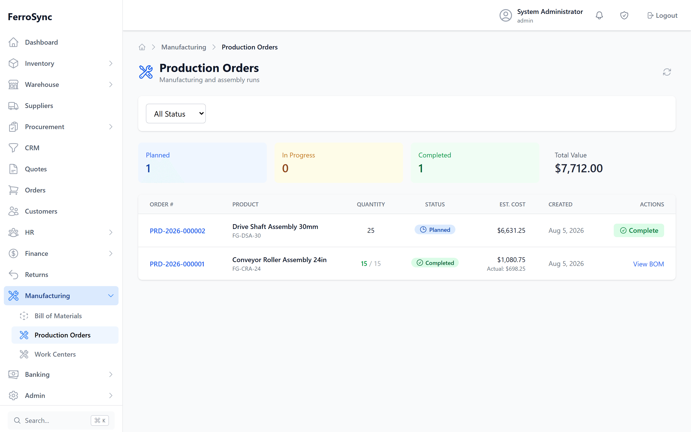 FerroSync production orders: manufacturing runs with quantities, estimated versus actual cost, and linked bills of materials